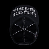 Black snapback cap interior with circular white graphic and text