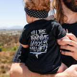 Black baby bodysuit on child, white back graphic text