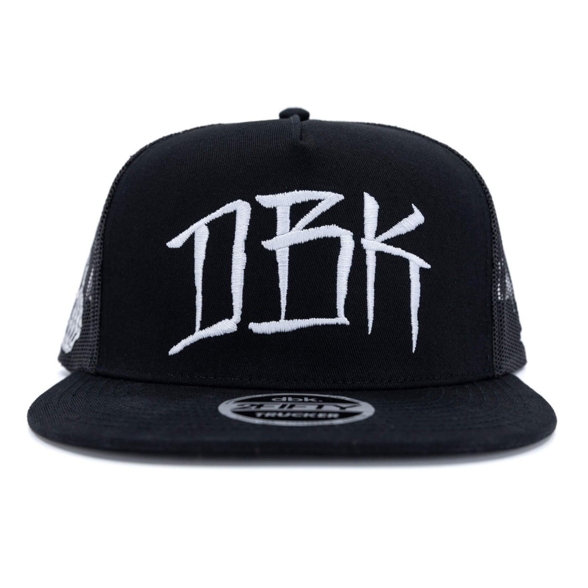 Black trucker cap with large white DBK logo and mesh side panels