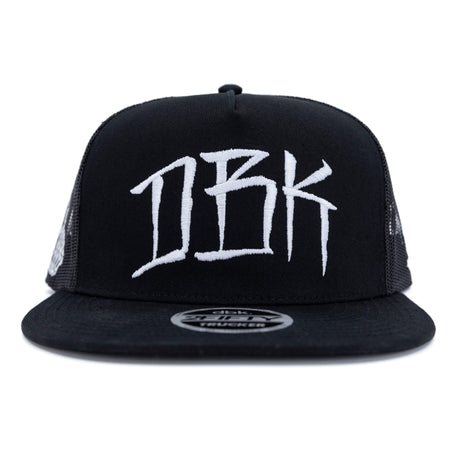Black trucker cap with large white DBK logo and mesh side panels