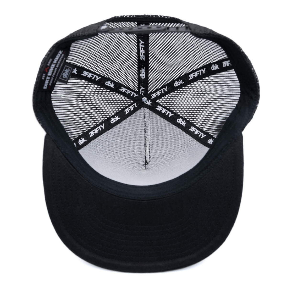 Black trucker cap interior with mesh top and repeating logo band
