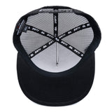 Black trucker cap interior with mesh top and repeating logo band