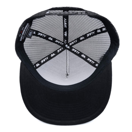 Black trucker cap interior with mesh top and repeating logo band