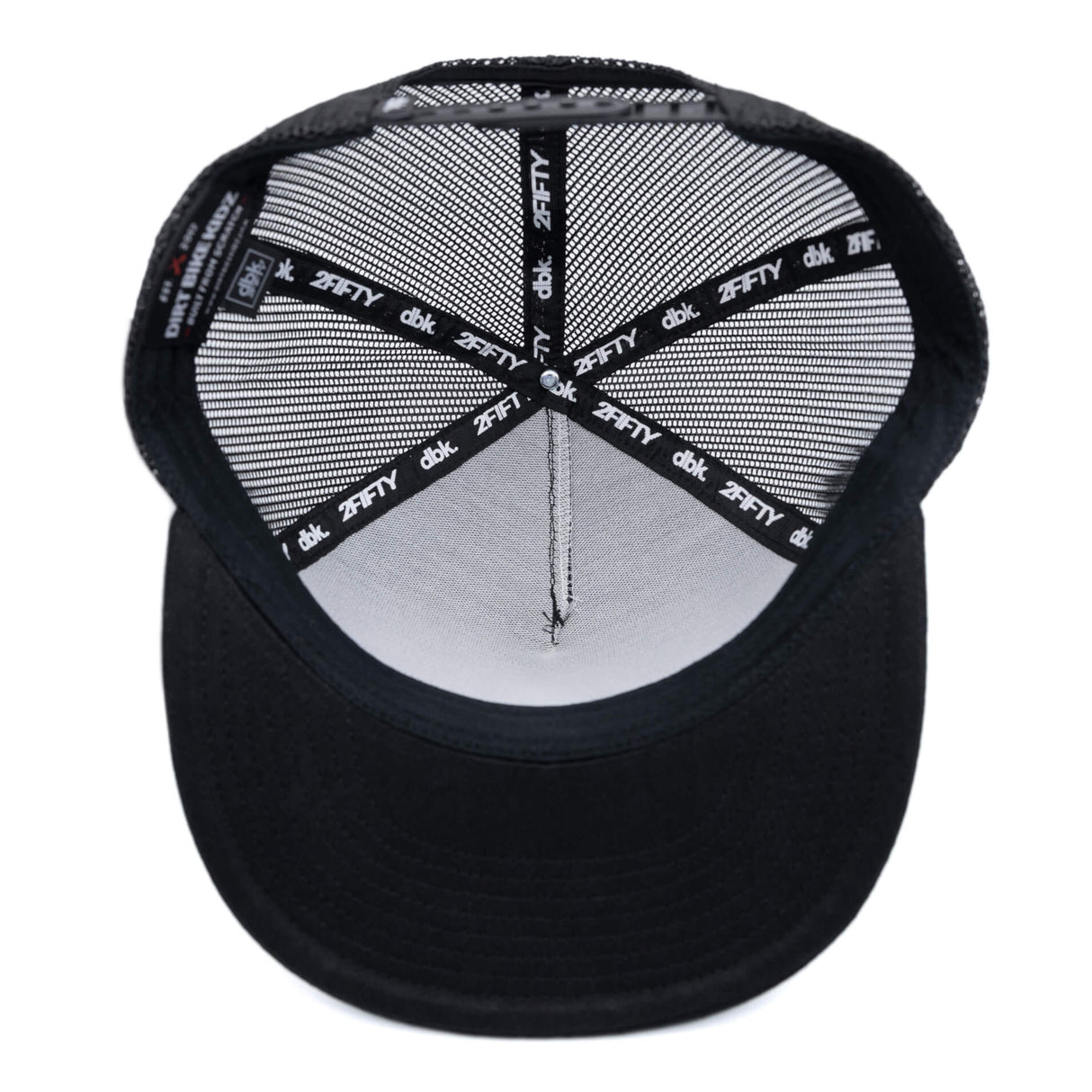 Black trucker cap interior with white lining and logo-patterned mesh back