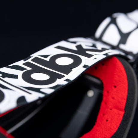 Helios goggle close-up of black-and-white strap pattern with red inner foam