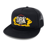 Black trucker hat with front panel and mesh back, yellow DBK logo on crown