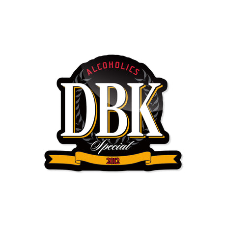 DBK sticker: black base with gold letters, orange “Special 2012” ribbon, “Alcoholholics” text.