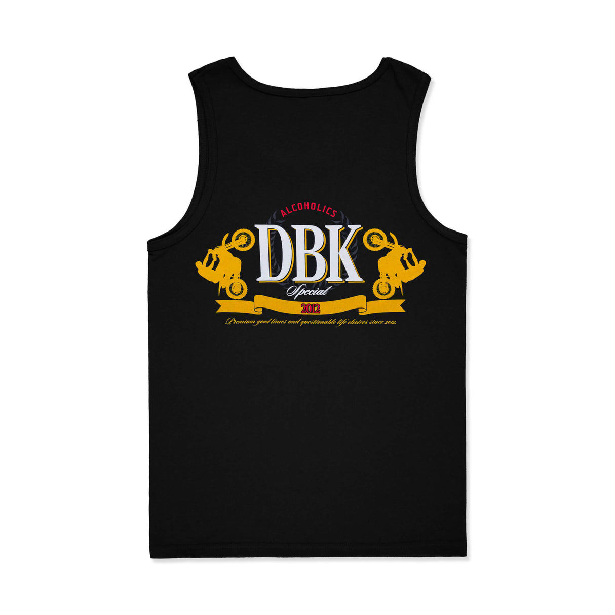 Black tank top with DBK Special 2012 front graphic and crew neckline