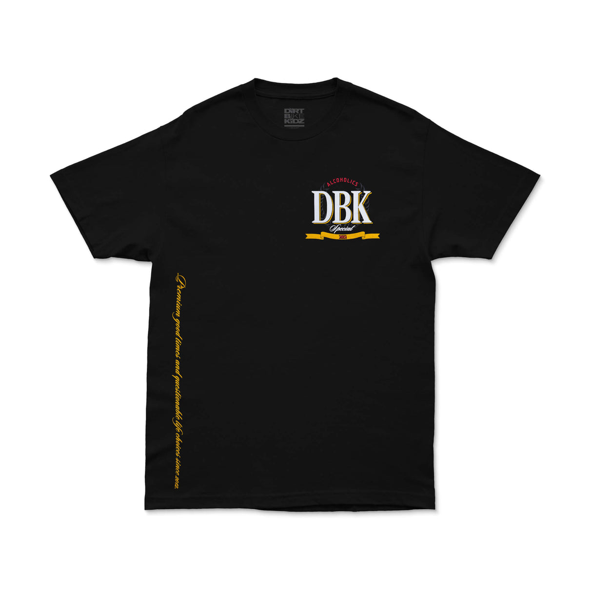 Black graphic T-shirt with DBK logo on the chest and vertical yellow side lettering