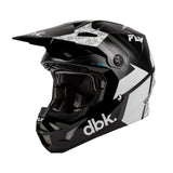 Open-face motorcycle helmet in black and white with dbk logo and front visor