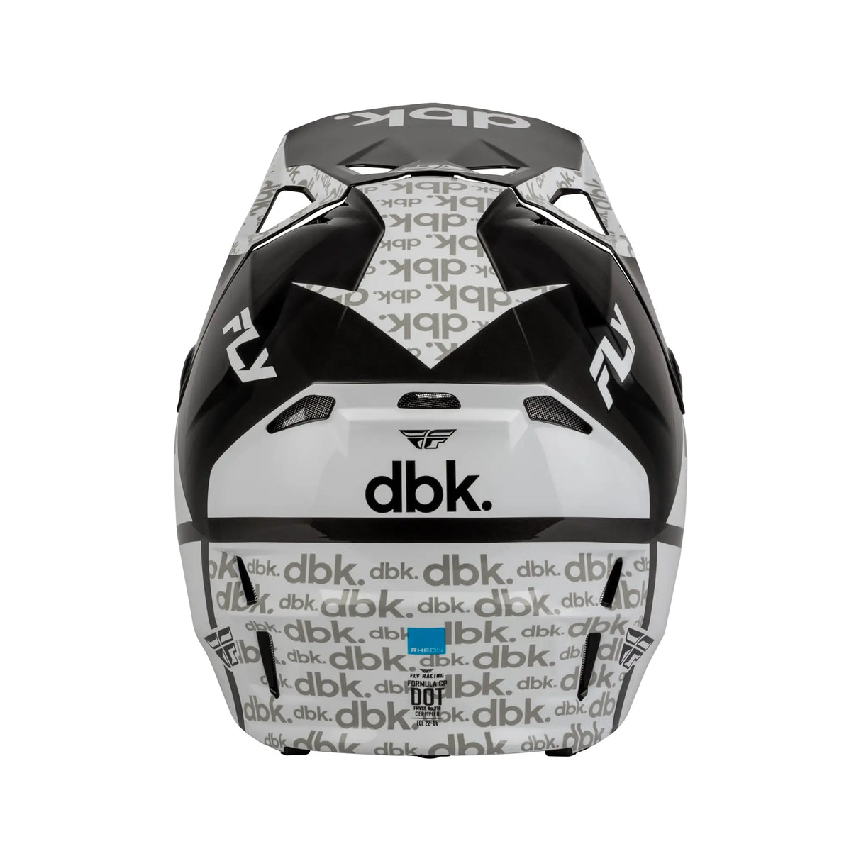 Youth motocross helmet top view, black shell with white panels and dbk logo graphics