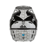 Black and white full-face helmet with dbk patterned branding and front logo