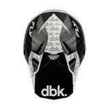 Gloss black motorcycle helmet with white accents, dbk logo on front, chin vent details