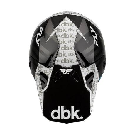 Gloss black motorcycle helmet with white accents, dbk logo on front, chin vent details