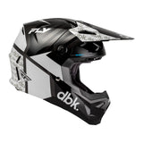 Youth motocross helmet angled side view, black and white glossy shell with chin guard