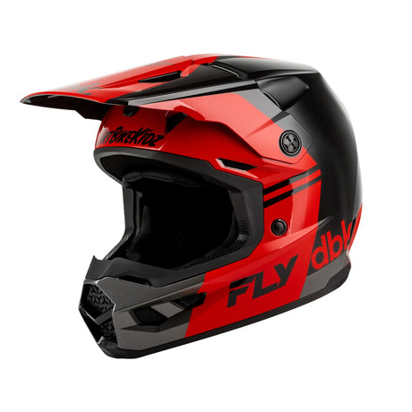 Kinetic motocross helmet with glossy black shell and red graphics, full chin guard