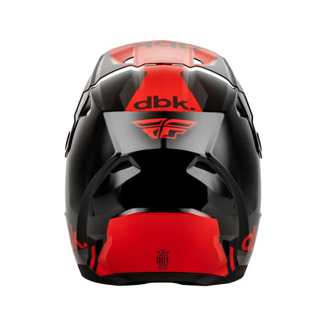 Kinetic motocross helmet, top view with red central panel, black shell, dbk logo