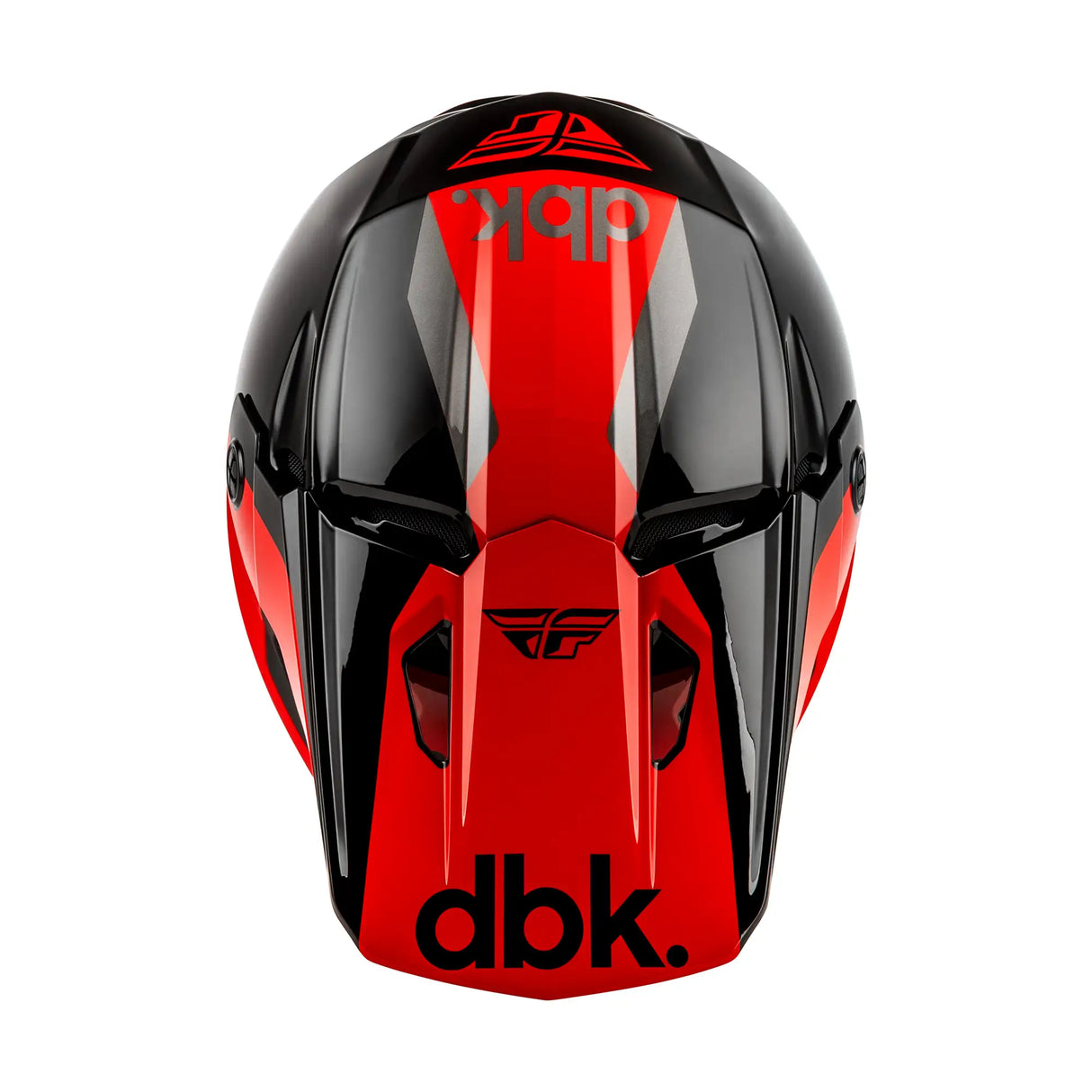 Kinetic motocross helmet front view with red center panel and black/red graphics