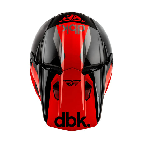 Kinetic motocross helmet front view with red center panel and black/red graphics
