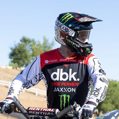 Youth motocross gloves, black and white with red wrist and fingertips