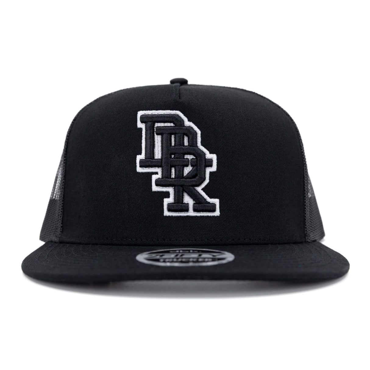 Black trucker cap front view with white DBK 2Fifty logo patch