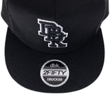 Black trucker cap front with white DBK 2Fifty logo embroidery