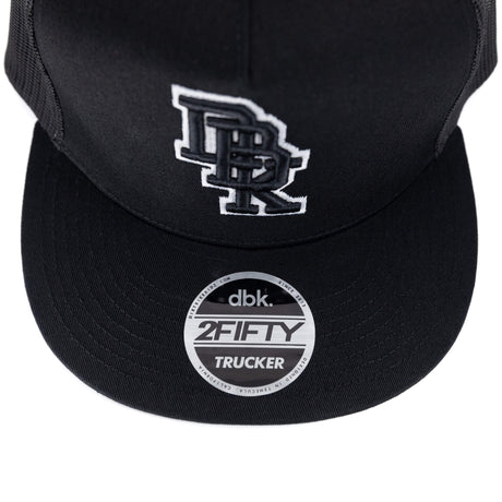Black trucker cap front with white DBK 2Fifty logo embroidery