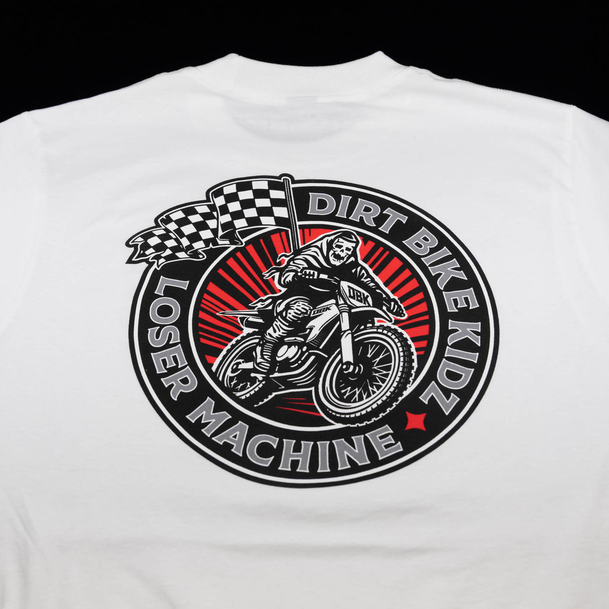 White crew-neck T-shirt with large circular Dirt Bike Loser Machine back graphic