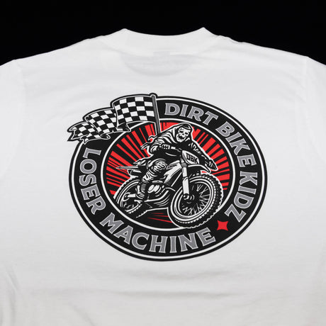 White crew-neck T-shirt with large circular Dirt Bike Loser Machine back graphic