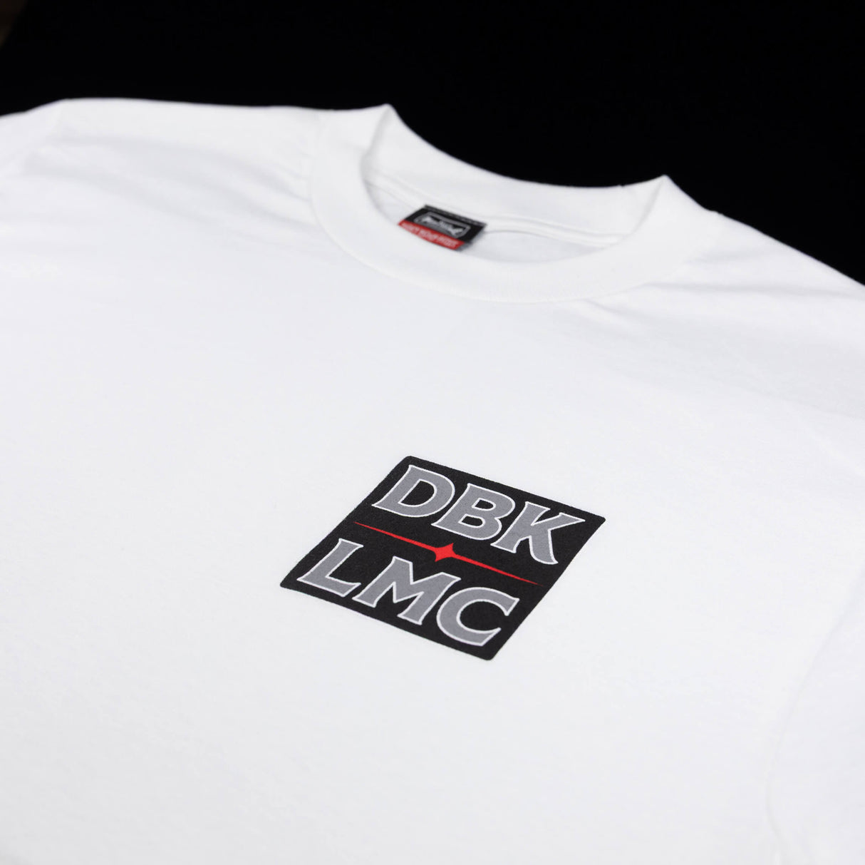 White crew-neck T-shirt with DBK LMC square logo chest print