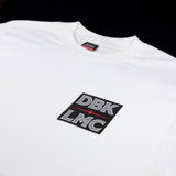 White crew-neck T-shirt with DBK LMC square logo chest print