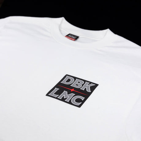 White crew-neck T-shirt with DBK LMC square logo chest print