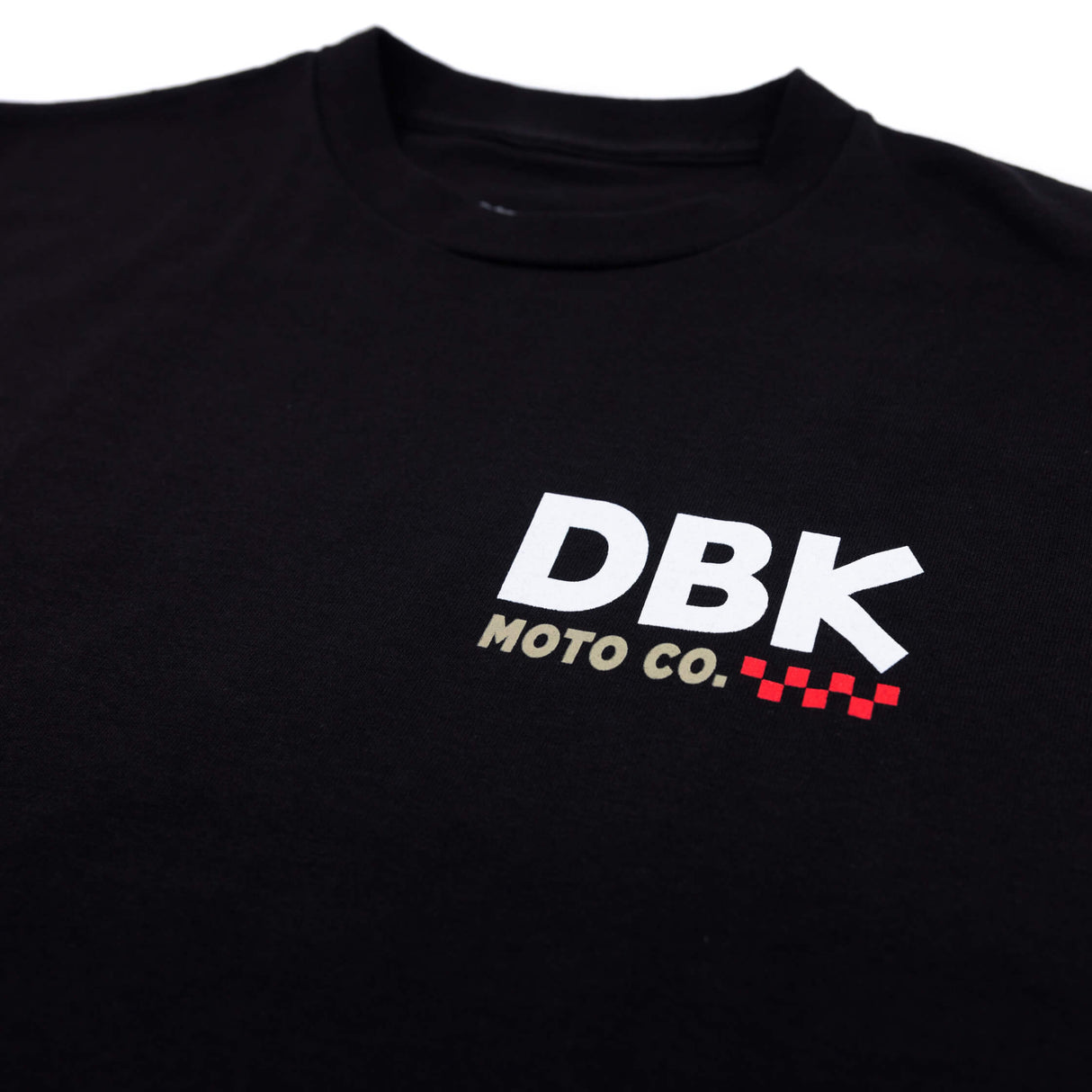 Black T-shirt with DBK Moto Co. logo printed in white and red.