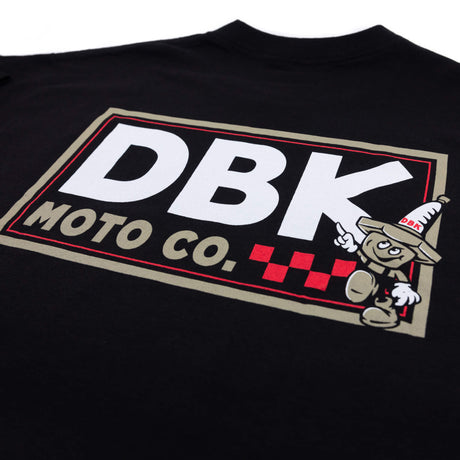 DBK Moto Co. rectangular logo graphic printed on a black T-shirt back.
