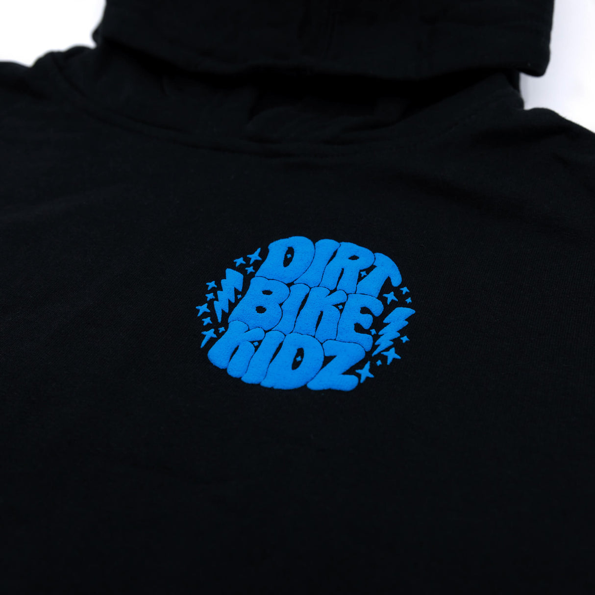 Black youth hoodie with blue "DIRT BIKE KIDZ" chest graphic