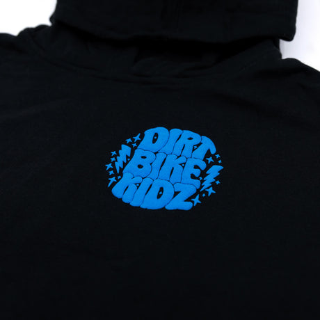 Black youth hoodie with blue "DIRT BIKE KIDZ" chest graphic