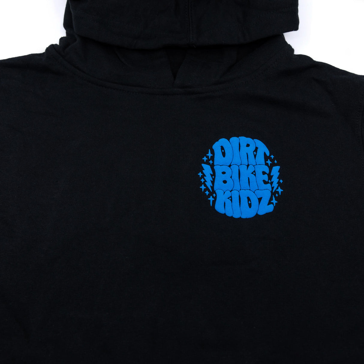 Black youth hoodie with blue "DIRT BIKE KIDZ" chest logo