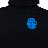 Black youth hoodie with blue "DIRT BIKE KIDZ" chest logo