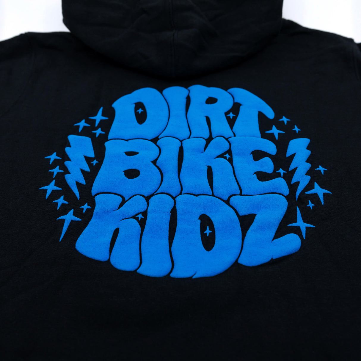 Black youth hoodie with large blue "DIRT BIKE KIDZ" back graphic