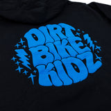 Black youth hoodie with large blue "DIRT BIKE KIDZ" back graphic