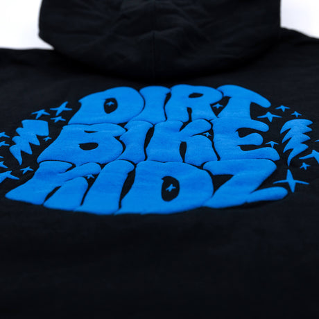 Black youth hoodie with blue "DIRT BIKE KIDZ" graphic centered on back