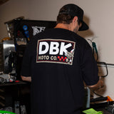 Black T-shirt worn, back view with DBK Moto Co. rectangular logo graphic.