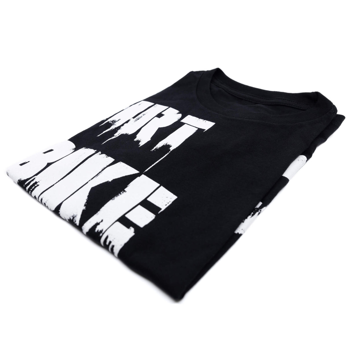 Black graphic T-shirt folded with large white diagonal stripes print