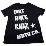 Youth premium tee front view: black shirt with white "DIRT BIKE KIDZ" and "MOTO CO."