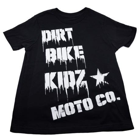Youth premium tee front view: black shirt with white "DIRT BIKE KIDZ" and "MOTO CO."