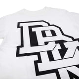 White crewneck T-shirt with oversized black stacked logo graphic across the front