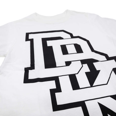 White crewneck T-shirt with oversized black stacked logo graphic across the front