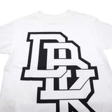 White crewneck T-shirt with centered black stacked logo graphic on the front