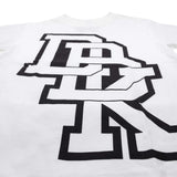 Youth premium T-shirt graphic close-up, white with thick black stacked letter design