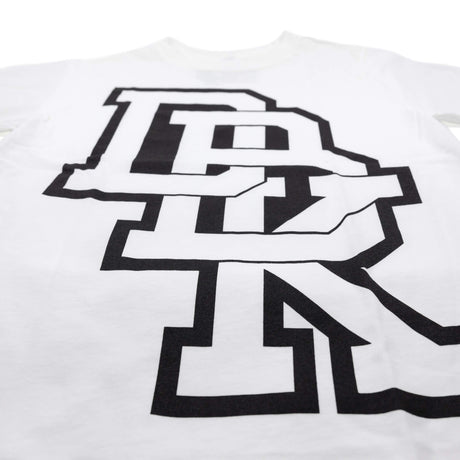 Youth premium T-shirt graphic close-up, white with thick black stacked letter design